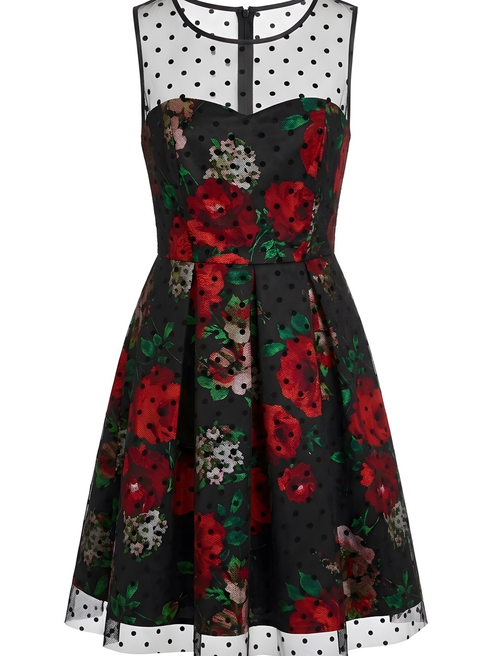 Covington Black Midi Dress with Red Floral Print and Polka Mesh Yoke